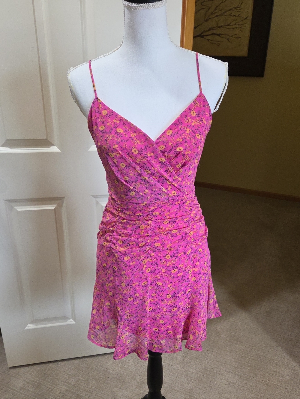 All in Favor Pink Floral Ruched Spaghetti Strap Dress